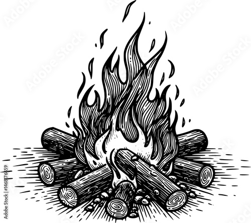 Burning bonfire with a large flame for camping, camping bonfire. Vector illustration of fire in sketch engraving style
