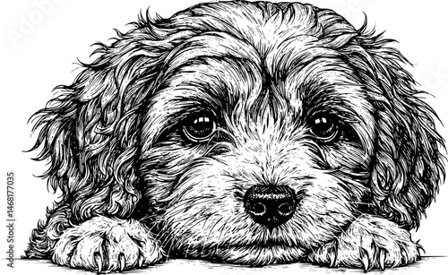poodle dog face peeking over front paws vector illustration
