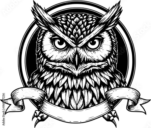 owl round emblem with ribbon, banner illustration
