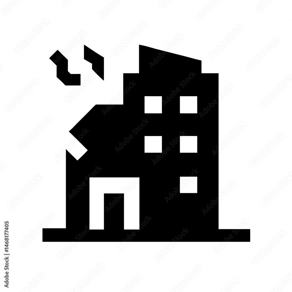 Icon of a damaged building to signify destruction or disrepair Icon of a damaged building to signify destruction or disrepair
