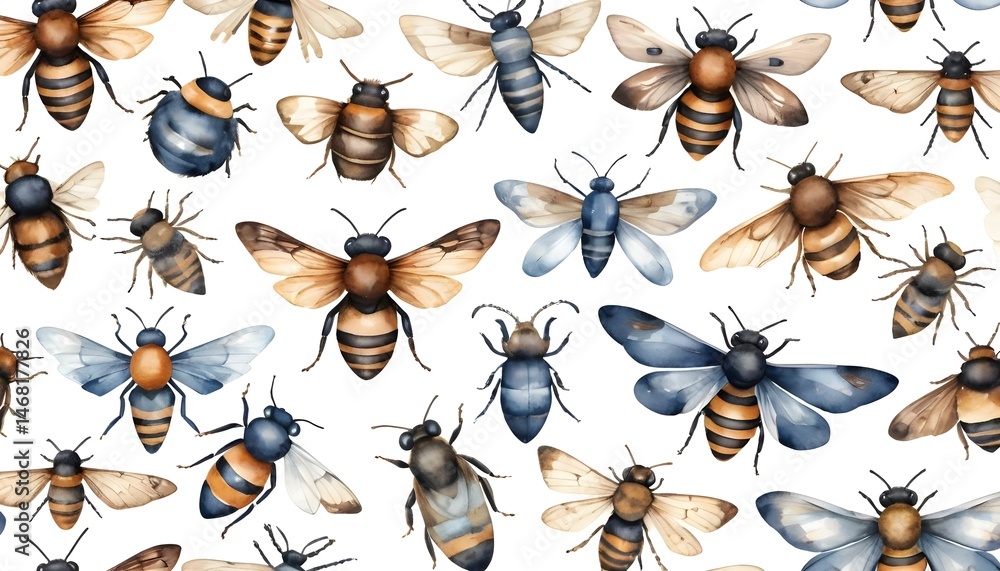 Fototapeta premium Watercolor Pattern of Bees and Insects