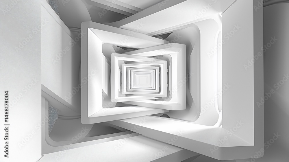 Abstract white architectural design, featuring interlocking squares and a spiraling perspective. Complex geometric shapes create an illusion of depth Abstract white architectural design, featuring interlocking squares and a spiraling perspective. Complex geometric shapes create an illusion of depth
