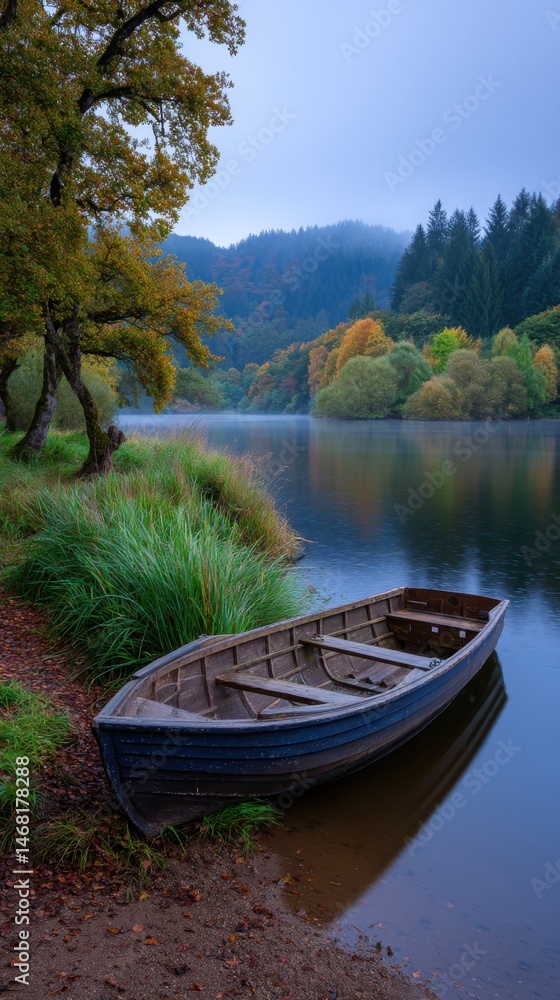 Wooden Rowboat Moored on Still Lakeside Shore in Autumn Forest at Dusk Wooden Rowboat Moored on Still Lakeside Shore in Autumn Forest at Dusk