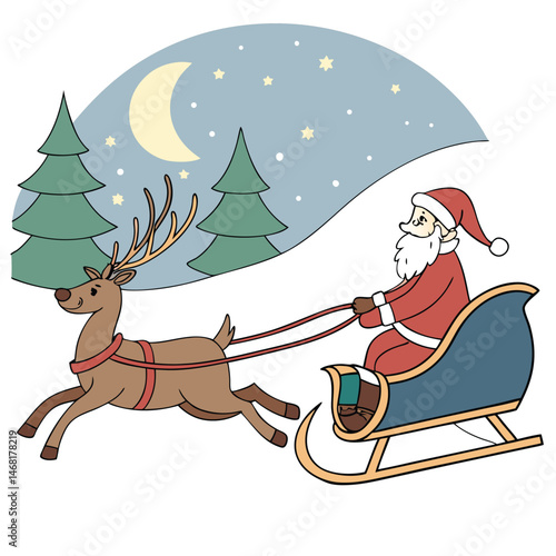 Santa in Sleigh with Reindeer Detailed Christmas Vector Illustration