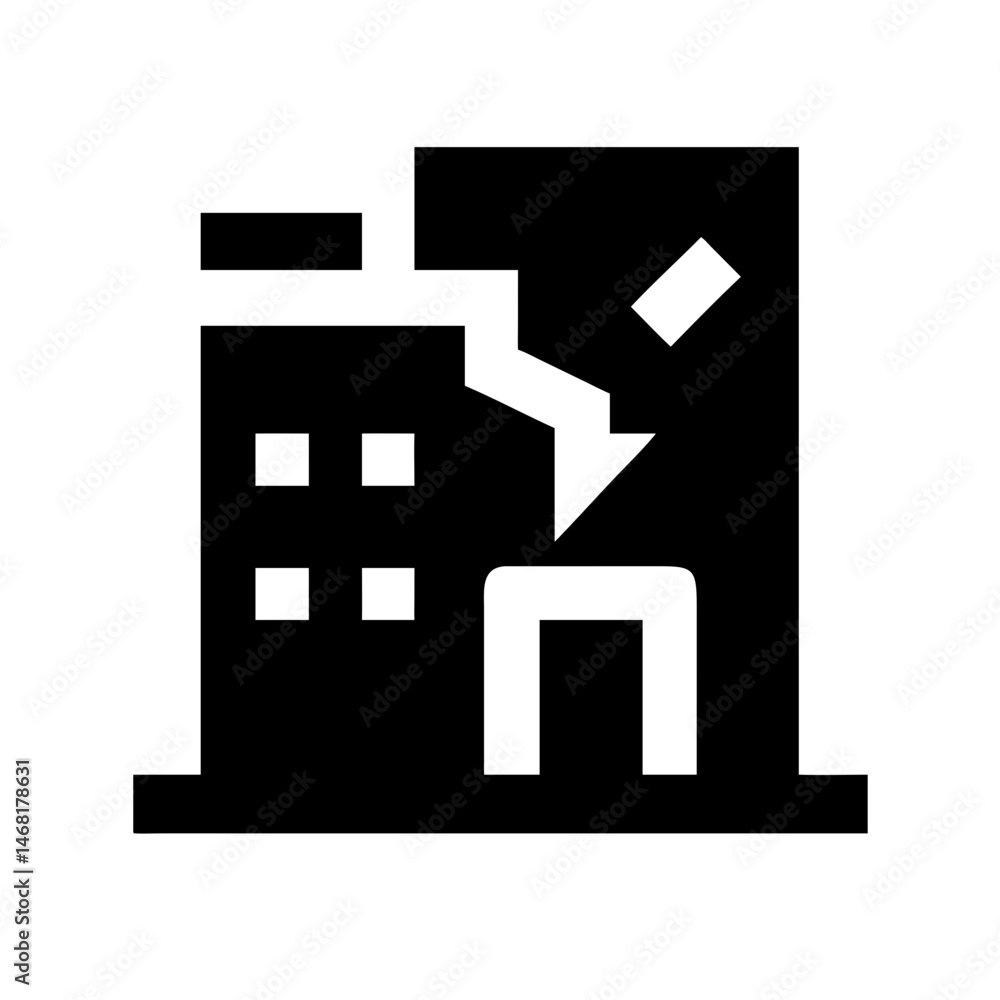 Icon of a damaged building to signify destruction or disrepair Icon of a damaged building to signify destruction or disrepair