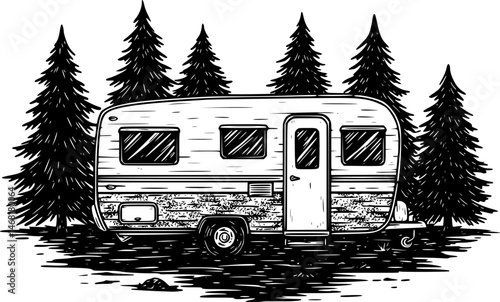 caravan house camping, Camping trailer mobility camper caravan summer travel road trip isometric vintage icon vector

