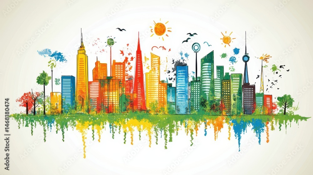 Obraz premium Vibrant cityscape with watercolor effect featuring colorful buildings and trees perfect for urban design and modern backgrounds