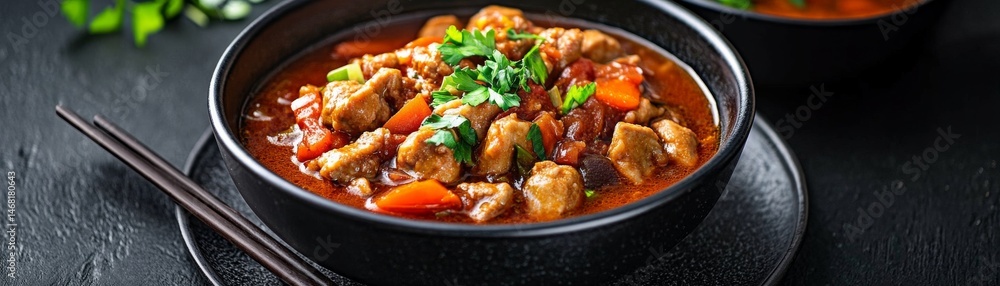 Pork Stir-Fry Bowl Savory Meat and Veggies in Sauce, chopsticks, AsianFood Pork Stir-Fry Bowl Savory Meat and Veggies in Sauce, chopsticks, AsianFood