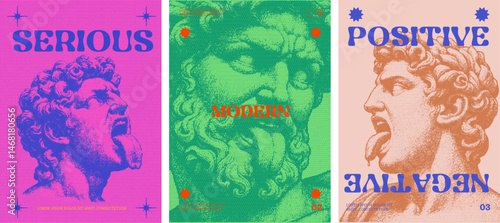 Bold Canine Poster triking trio features statue sticking out toungue illustrations with vibrant pink, blue, and yellow backgrounds