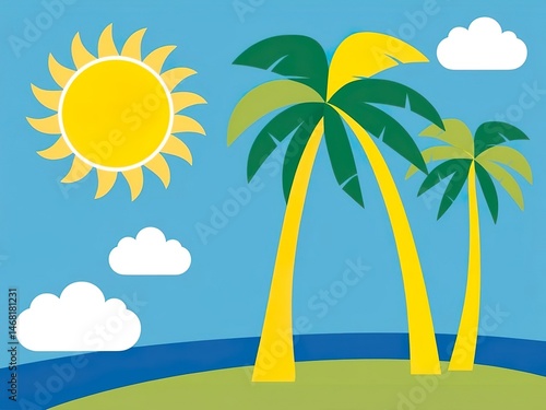 Island with palm trees in the sea and sun, summer tropical vacation, business art, minimalism, primitivism