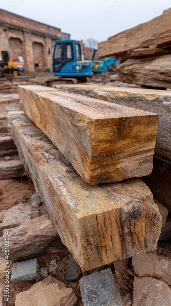Stacked Brown Stone Blocks on a Construction Site with Heavy Equipment in Background Stacked Brown Stone Blocks on a Construction Site with Heavy Equipment in Background