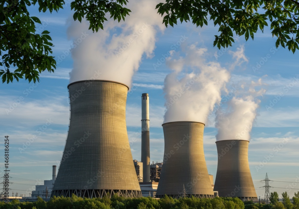 View of cooling towers emitting vapor with foliage against a blue sky and scattered clouds view View of cooling towers emitting vapor with foliage against a blue sky and scattered clouds view