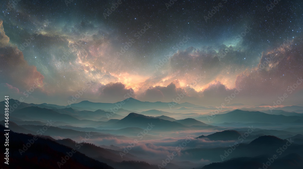 Fototapeta premium Scenic mountain range landscape with celestial clouds creating a dreamy atmosphere.