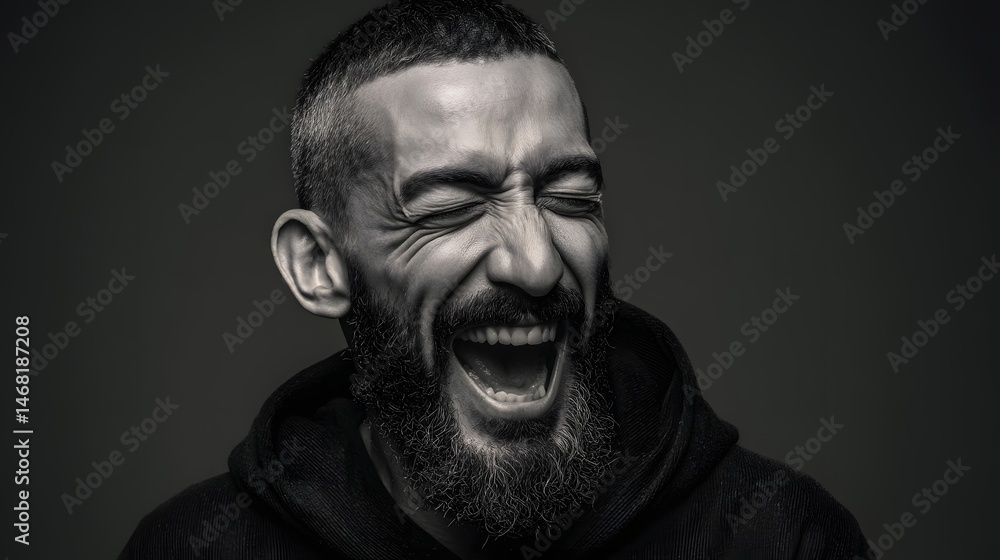 Monochrome portrait of a laughing man with a beard against a dark background. Monochrome portrait of a laughing man with a beard against a dark background.