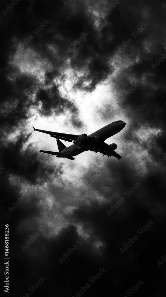 Naklejka premium Silhouette of an airplane flying through a dramatic, stormy sky. The monochrome palette creates a sense of foreboding and emphasizes the contrast between the plane and the dark clouds.