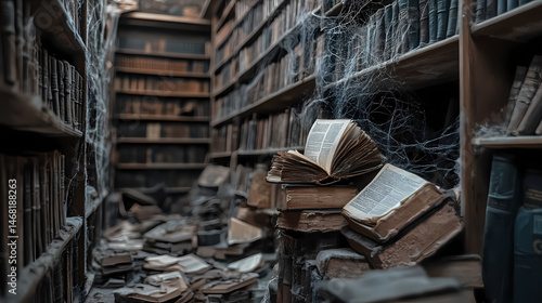 A dusty, abandoned library with cobwebs and scattered books. whispering book archives. illustration. [Whispering Archives] | Forgotten Footnotes | cryptic margin. Illustration