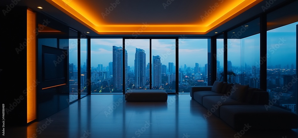 Fototapeta premium Skyline Serenity: Modern Apartment View with Orange Ambient Lighting Accent