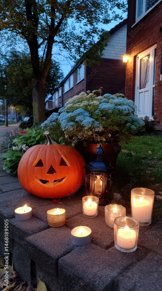 Obraz premium Halloween Pumpkin Lanterns and Candles Decorating House Front Yard in Evening