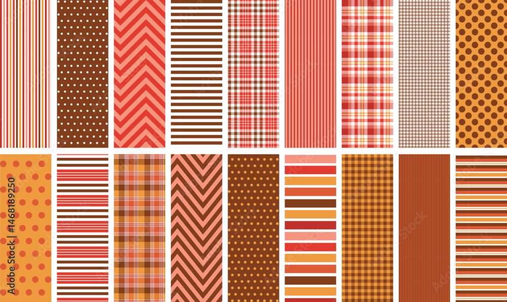 Autumn seamless pattern set. 18 repeating patterns for fabric, backgrounds, apparel, paper, scrapbooking and more. Fall colors. Geometric, stripe, plaid, chevron, gingham and polka dot prints.