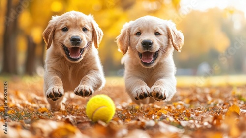 Two adorable golden retriever puppies play in autumn leaves