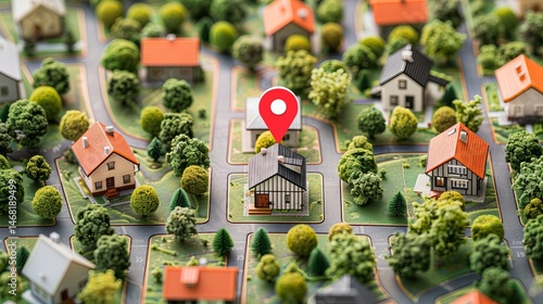 Real estate marketing, property visualization, neighborhood exploration. Miniature model of a suburban neighborhood with a focus on a house marked by a location pin