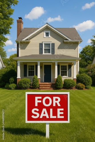 Ideal for online listings, flyers, and ads targeting first-time buyers, growing families, or individuals looking for a new home. Charming two-story house with a for sale sign in a sunny neighborhood