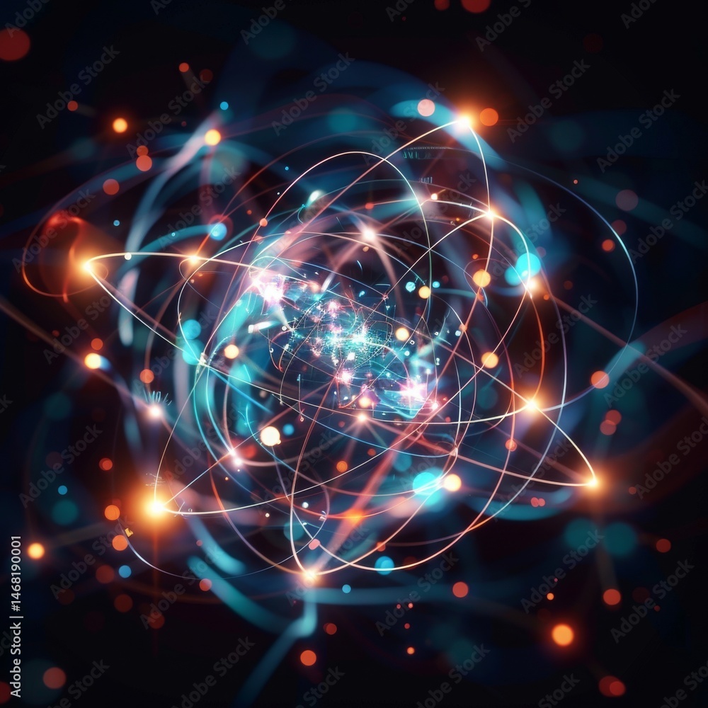 Fototapeta premium Abstract quantum circuit with entangled qubits glowing nodes isolated on dark background .