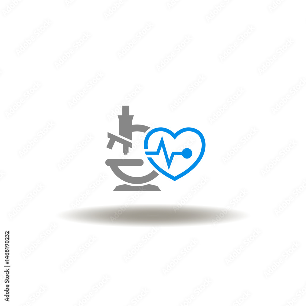 Vector illustration of microscope and heart. Symbol of medical laboratory test. Icon of cariology disease examining.