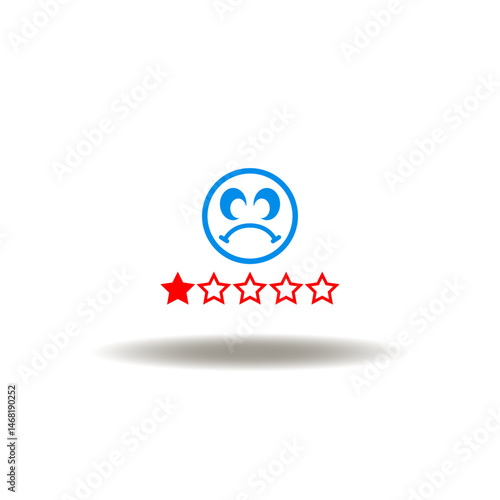 Vector illustration of sad smile and one star out of five. Symbol of complaints. Icon of bad rating review.