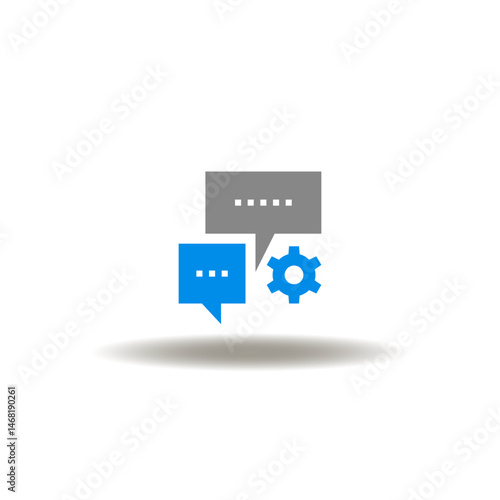 Vector illustration of speech bubbles and gear wheel gear. Symbol of chat app. Icon of conversation, dialogue, talk.