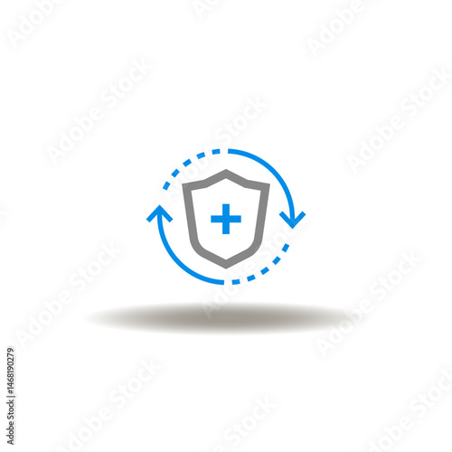 Vector illustration of shield medicine pharmacy plus round arrows medical insurance. Symbol of medical coverage, Icon of medicine insurance. Sign of health care medicare.