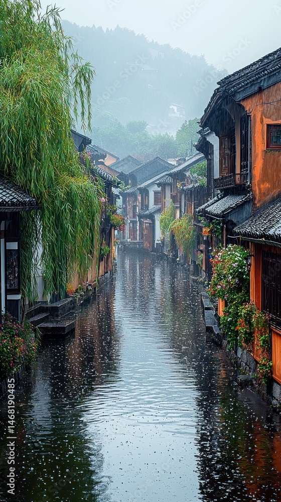Obraz premium Rainy Day in Historic Water Town with Traditional Architecture and Canal