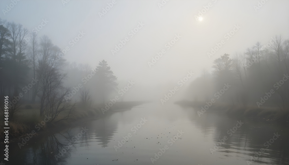 Fototapeta premium Serene Foggy River Landscape with Trees on a Misty Morning