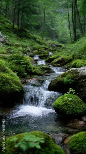 Tranquil Waterfall Flowing Through Mossy Rocks in Lush Green Forest Landscape