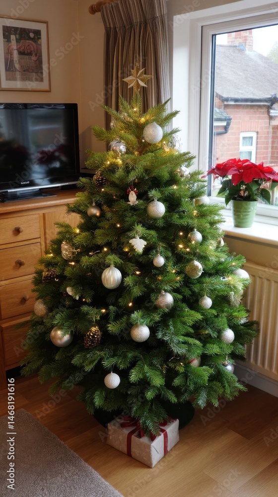 Festive Christmas Tree Decorated with Ornaments and Lights near Window with Poinsettia Festive Christmas Tree Decorated with Ornaments and Lights near Window with Poinsettia