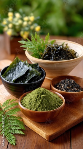 Seaweed and Marine Algae Assortment in Bowls, Presented on Wooden Board