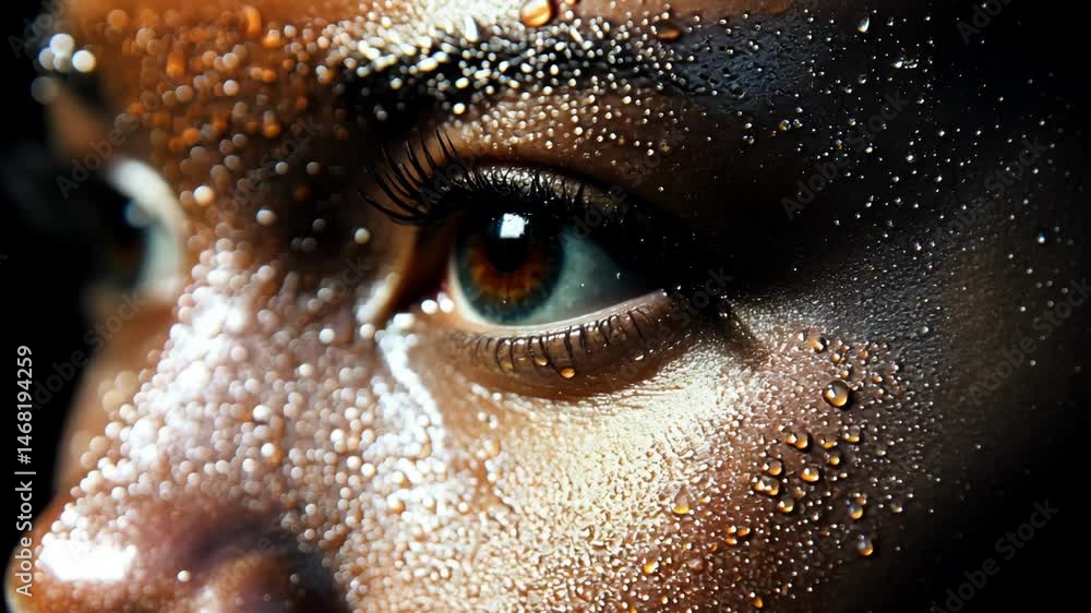 Close-up of a sweaty human face in darkness. Close-up of a sweaty human face in darkness.