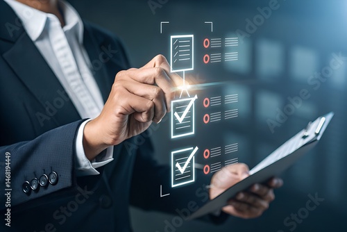 Checklist business performance monitoring concept, Business using tablet online survey filling out check digital form task, online survey question form, target marketing planning with quality control