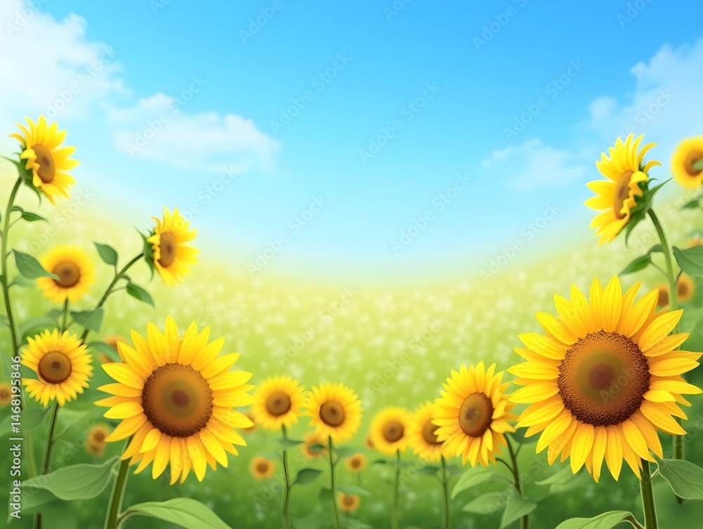 Fototapeta premium Bright Sunflowers and Clear Blue Sky in Summer Season