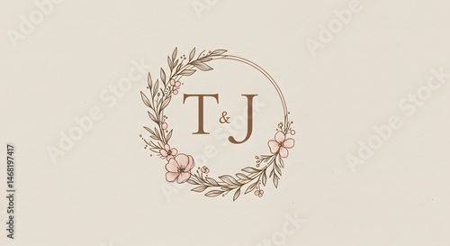 Elegant Floral Wreath with Initials T and J for Wedding Logo