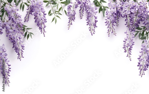 Spring floral border.  Purple wisteria blossoms frame a white background