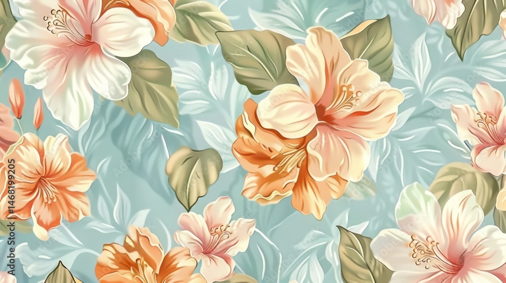 Elegant Floral Pattern: A Pastel Paradise of Hibiscus Blooms and Lush Foliage Elegant Floral Pattern: A Pastel Paradise of Hibiscus Blooms and Lush Foliage