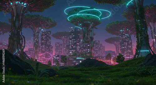 Wallpaper Mural Futuristic Cityscape with Glowing Trees and Lush Green Meadow Torontodigital.ca