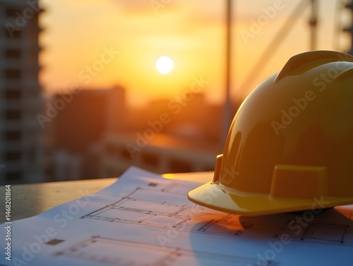 The warm light of sunset illuminates a construction site where a safety helmet rests on blueprints. This moment captures the ongoing efforts in the real estate sector during the golden hour.