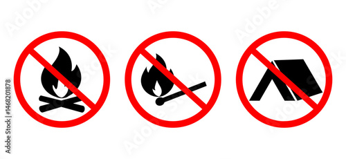 Warning signs against open flames and shelter use in camping sites located in grassy areas during dry seasons. Vector Illustration