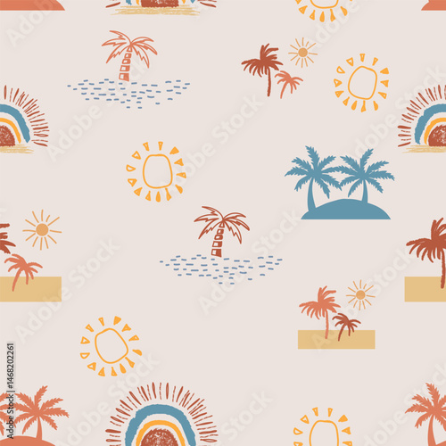 Simple vector palm and sun pattern in hand drawn rustic style vacations
