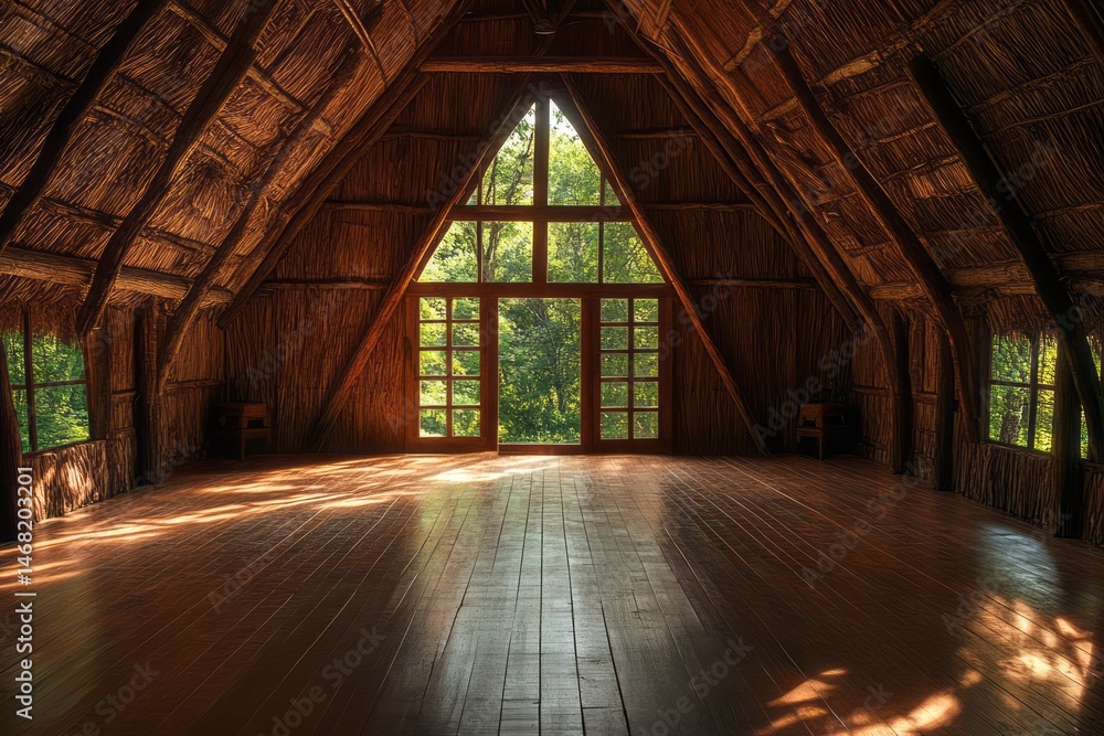Spacious interior of a rustic thatched-roof building. Spacious interior of a rustic thatched-roof building.