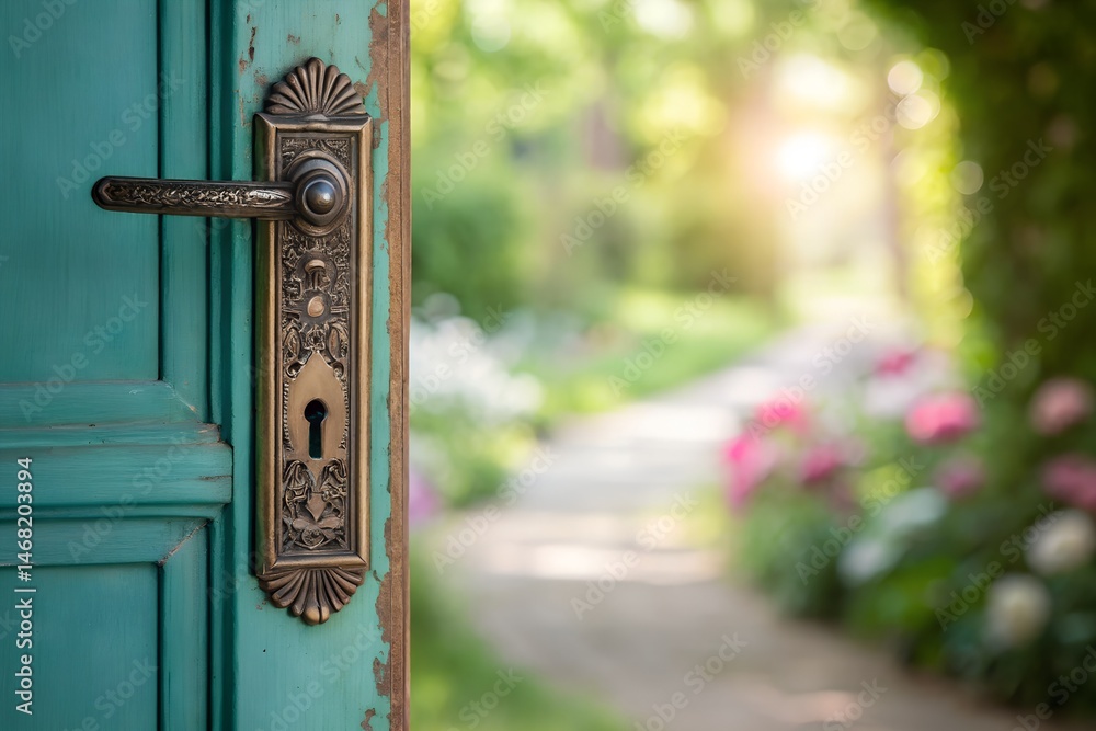 The Enchanting Pathway: A glimpse through a turquoise door unveils a sun-drenched garden path. A scene where antique elegance meets nature's embrace. The Enchanting Pathway: A glimpse through a turquoise door unveils a sun-drenched garden path. A scene where antique elegance meets nature's embrace.