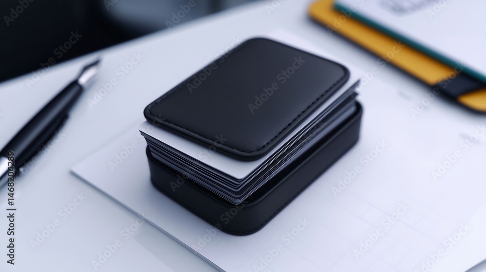 Black business card holder on a desk Black business card holder on a desk