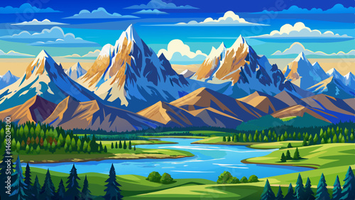 Grand Teton National Park, Wyoming. Grand Tetons mountain range blue sky. Panorama